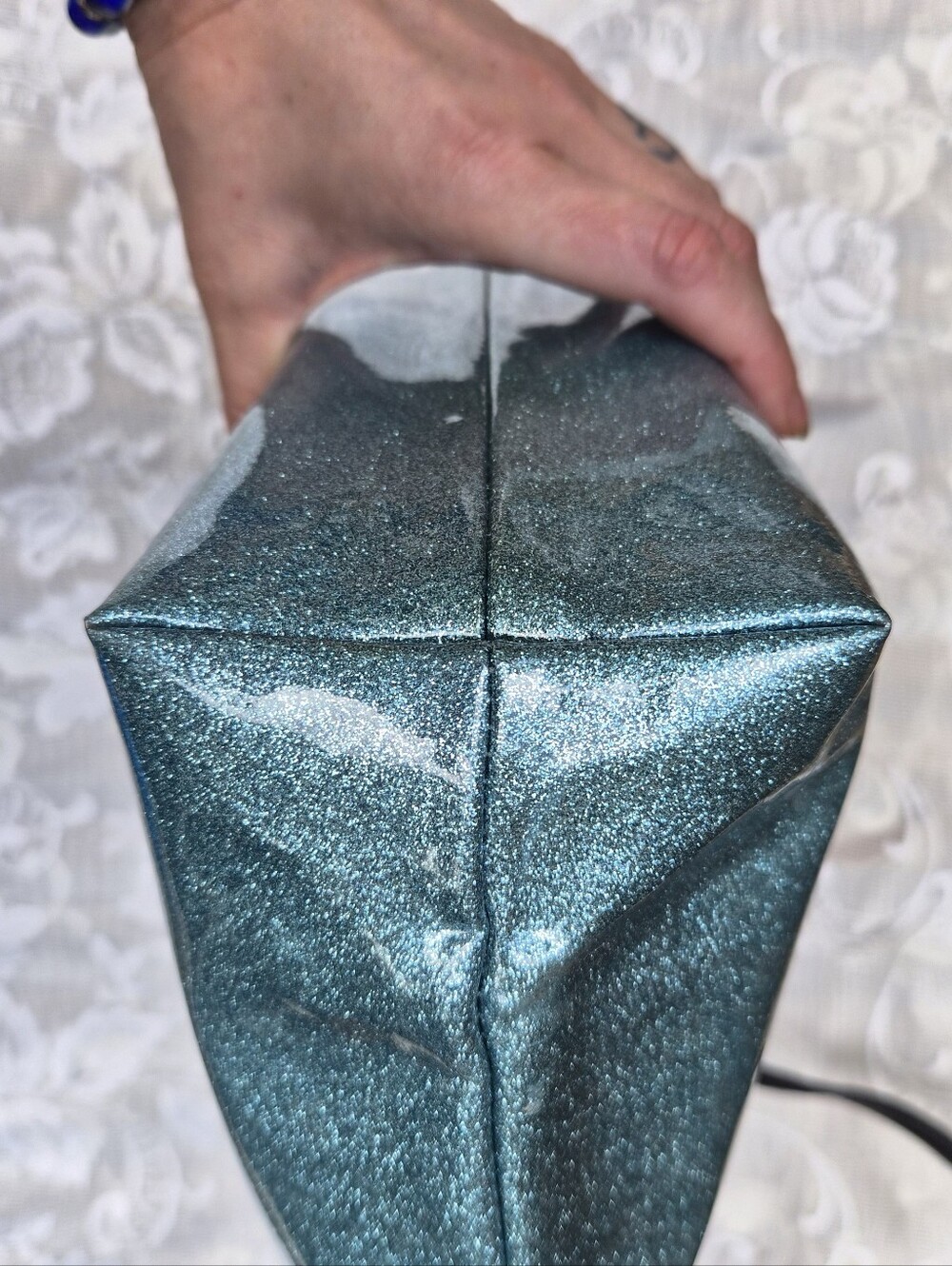 kate spade teal glitter tote with black handles - Picture 4 of 6